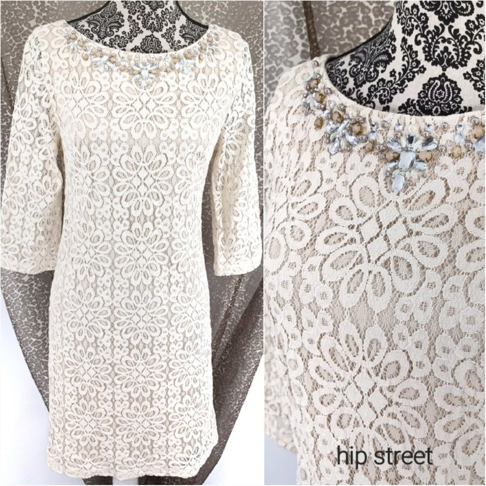 JESSICA HOWARD Jewel & Pearl Neck Stretch Lace Shift Party Dress 10